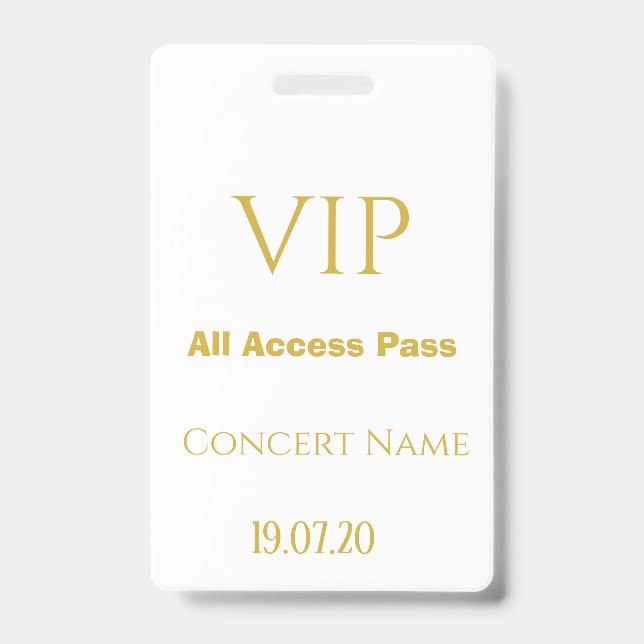 Simple White Gold VIP All Access Pass Concert Badge (Front)