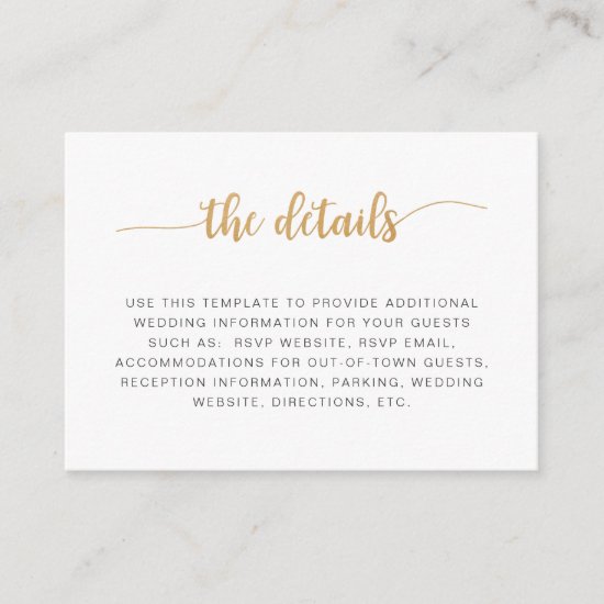 Simple white gold wedding information details card