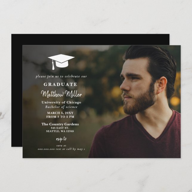 Simple White Grad Hat Classy Photo Graduation  Invitation (Front/Back)