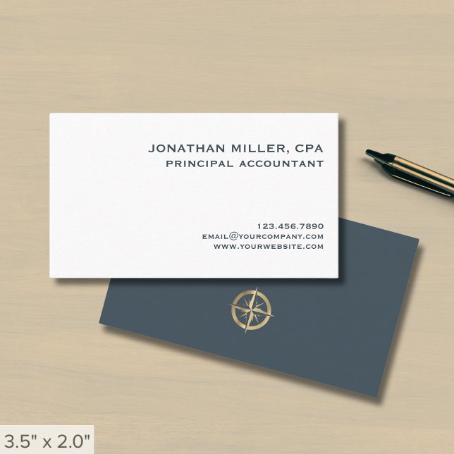 Simple White Gray Gold Compass Logo Business Card (Creator Uploaded)
