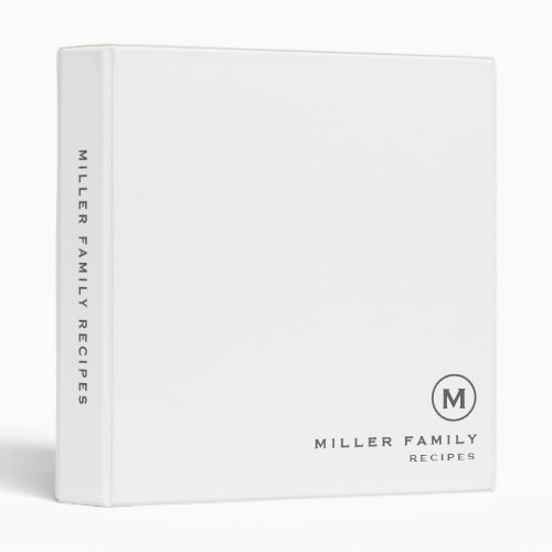 Simple White Gray Monogram Family Recipe 3 Ring Binder