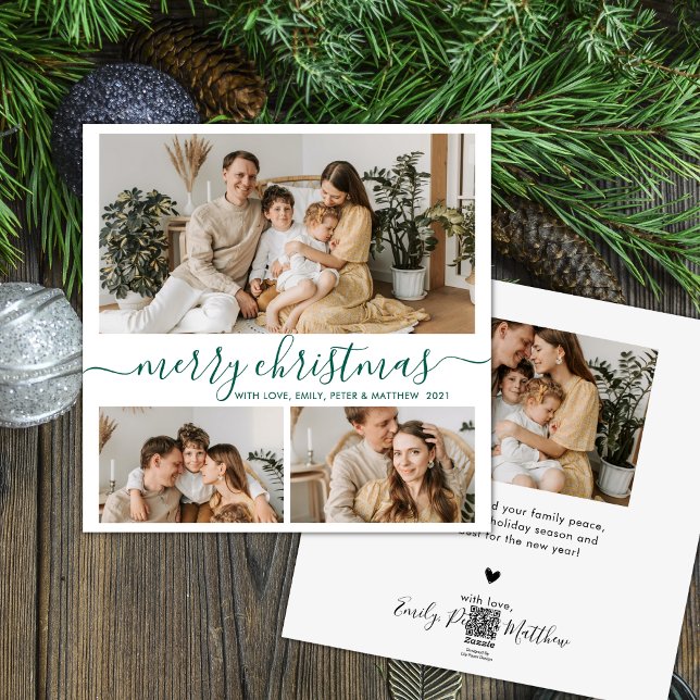 Simple White Green 3 Photo Collage Christmas Holiday Card (Creator Uploaded)