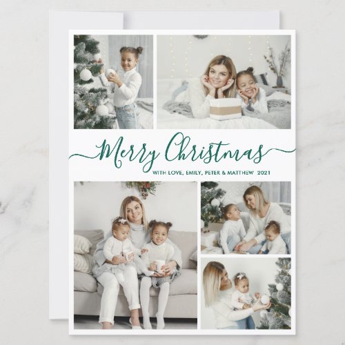 Simple White Green 5 Photo Collage Christmas Holiday Card