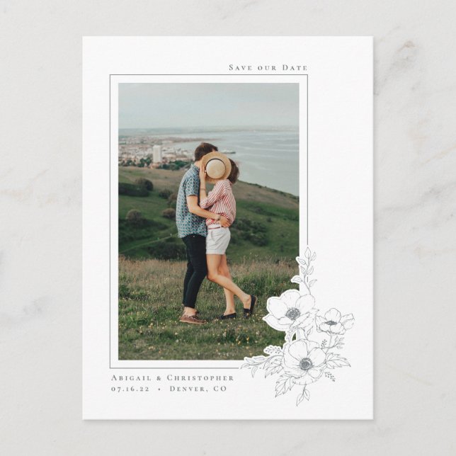 Simple White Grey Anemone Art Floral Save the Date Announcement Postcard (Front)