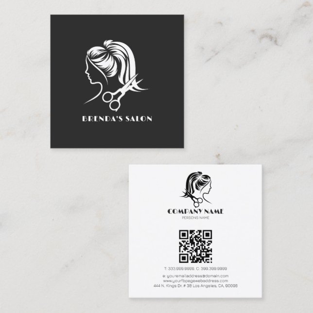 Simple White Hair Salon Logo Dark Gray Background Square Business Card (Front/Back)