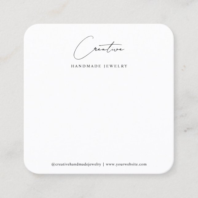 Simple White Handwritten Script Jewelry Display Square Business Card (Front)