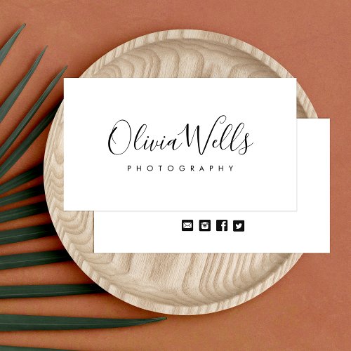 Simple White Handwritten Script Social Media Icons Business Card