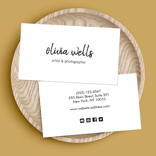 Simple White Handwritten Social Media Icons Business Card