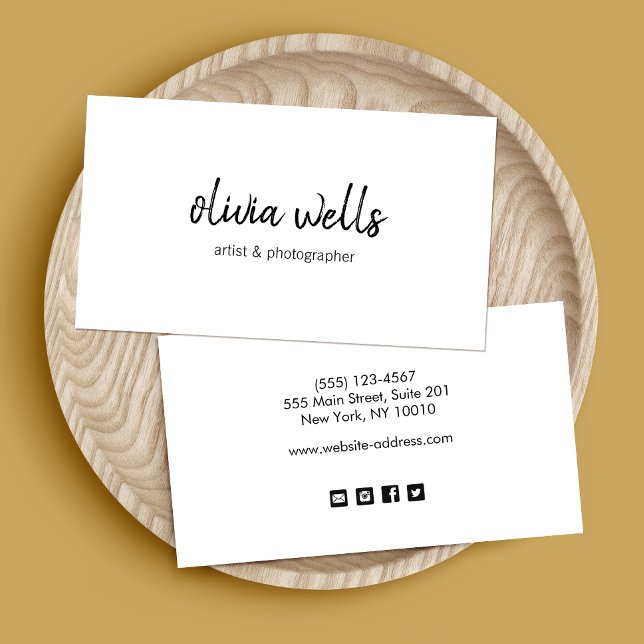 Simple White Handwritten Social Media Icons Business Card (Creator Uploaded)