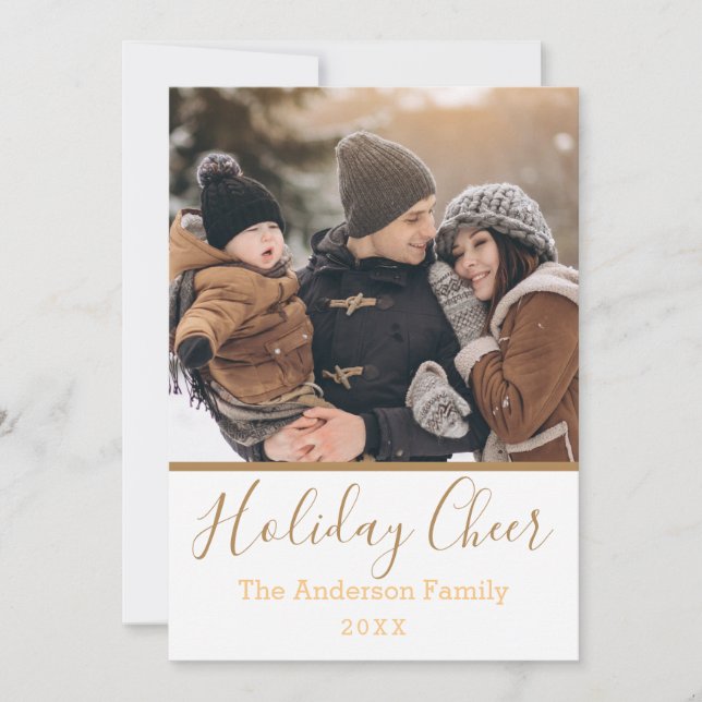 Simple White Holiday Cheer Faux Gold Photo Card (Front)
