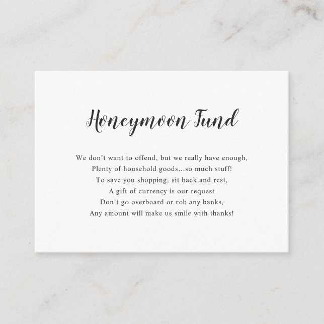 Simple white Honeymoon Fund Enclosure Card (Front)