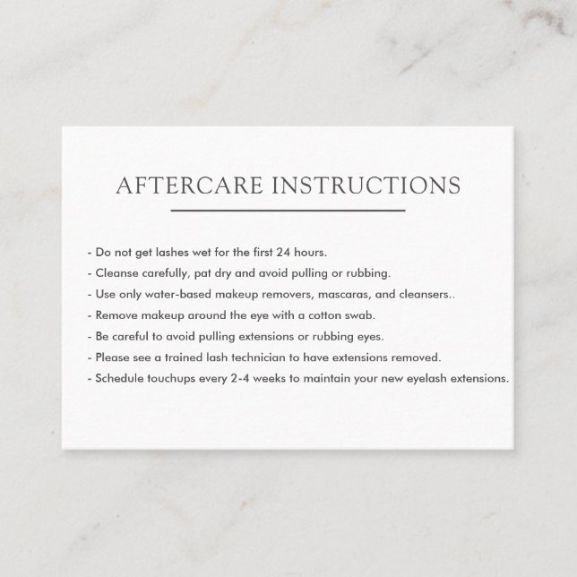 Simple white Lash Extension Microblading Aftercare Business Card (Front)