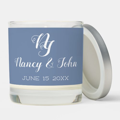Simple White Lettering on Dusty Blue Scented Candle