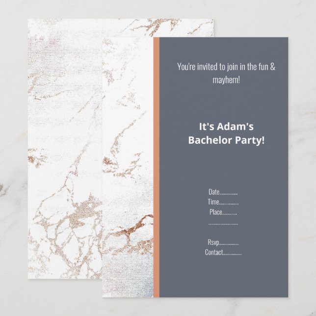 SIMPLE WHITE MARBLE ROSE GOLD BACHELOR PARTY INVITATION (Front/Back)