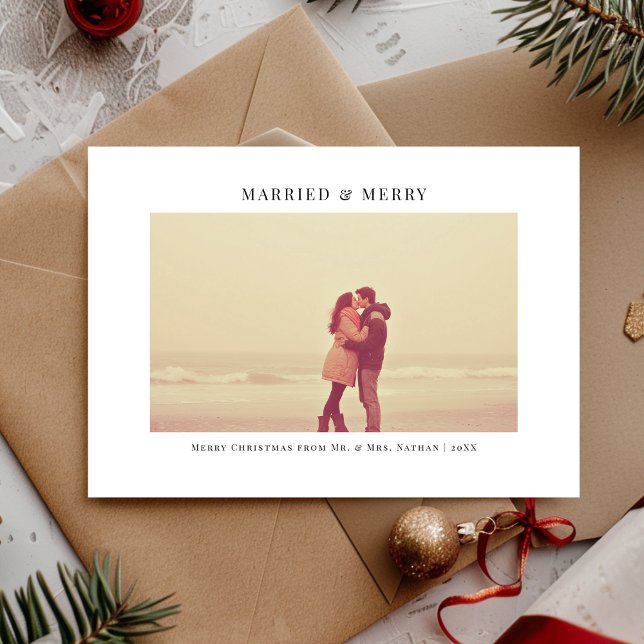 Simple White Married and Merry Christmas photo Holiday Card (Creator Uploaded)