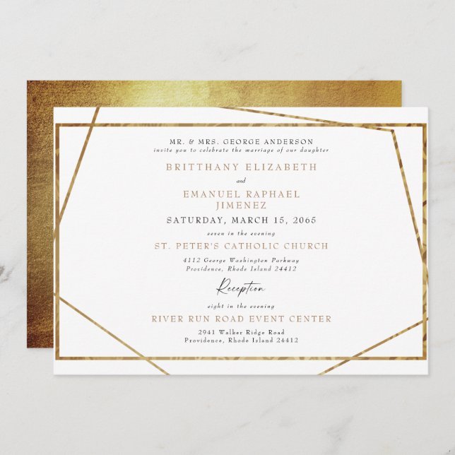 Simple White & Metallic Gold Geometric Invitation (Front/Back)