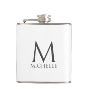 Simple White Minimalist Design Name Monogram Flask