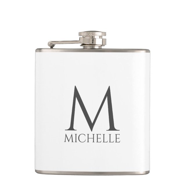 Simple White Minimalist Design Name Monogram Flask (Front)