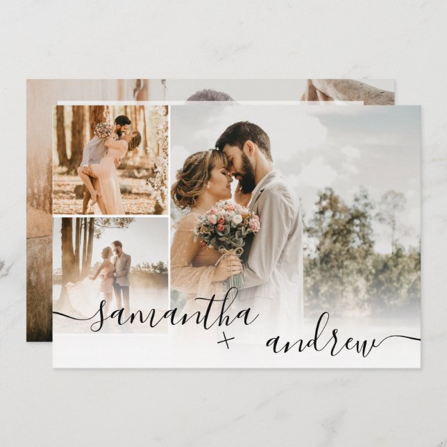 Simple white minimalist script 4 photos wedding invitation (Front/Back)