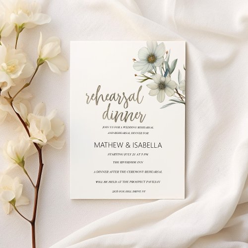 Simple white mint spring floral Rehearsal Dinner  Invitation