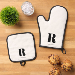 Simple White Modern Monogram Oven Mitt & Pot Holder Set