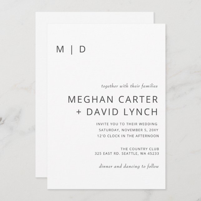Simple White Modern Monogram Wedding Invitation (Front/Back)