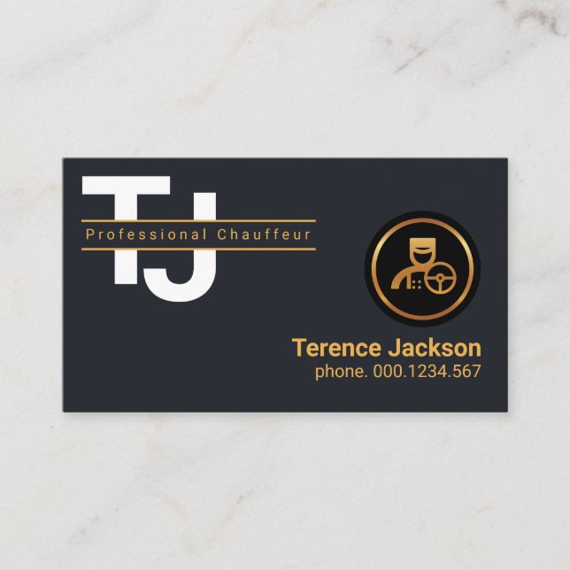 Simple White Monogram Letters Gold Chauffeur Business Card (Front)