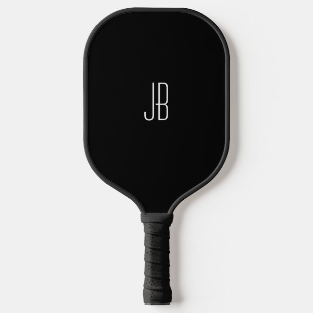 Simple White Monogram or Name on Black Pickleball Paddle (Front)