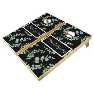 Simple White Monogram Watercolor Eucalyptus Cornhole Set