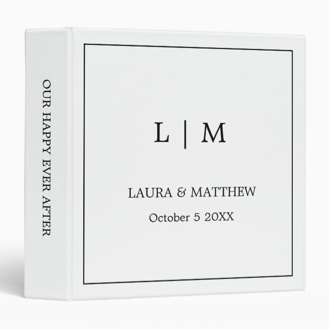 Simple White Monogram Wedding Photo Album 3 Ring Binder (Front/Spine)