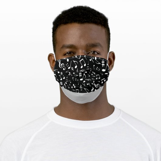 Simple White Music Notes on Black Adult Cloth Face Mask (Worn)