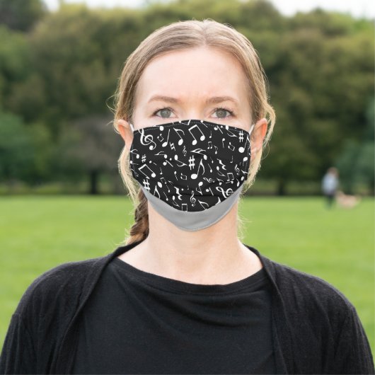 Simple White Music Notes on Black Adult Cloth Face Mask (Outside)