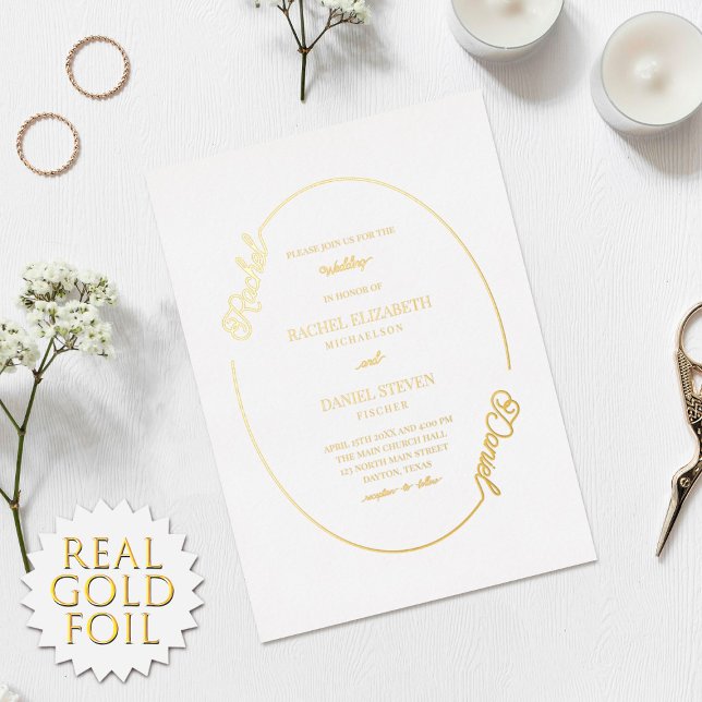 Simple White Name Oval Border Wedding Real Foil Invitation (Creator Uploaded)