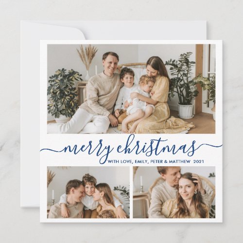 Simple White Navy 3 Photo Collage Christmas Holiday Card
