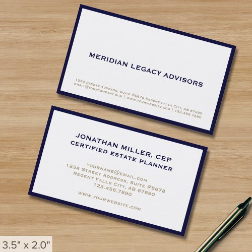 Simple White Navy Blue Border Business Card