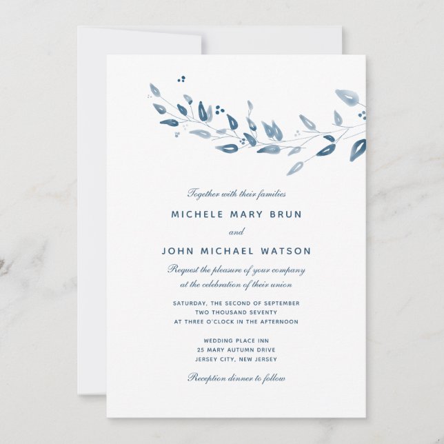 Simple White Navy Blue Leaves Wedding Invitation (Front)