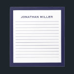Simple White Navy Typographic Name Lined Notepad<br><div class="desc">A professional lined notepad with a minimalist design in a navy blue and white. Custom monogram initial and name on a simple white background,  framed by a navy border. Personalize using the fields provided or use the 'message' button to contact the designer for help.</div>