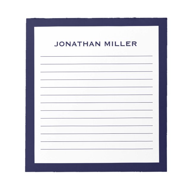 Simple White Navy Typographic Name Lined Notepad (Front)