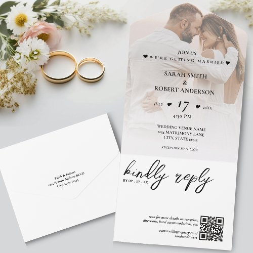 Simple White Newlywed Photo QR Code Wedding All In One Invitation