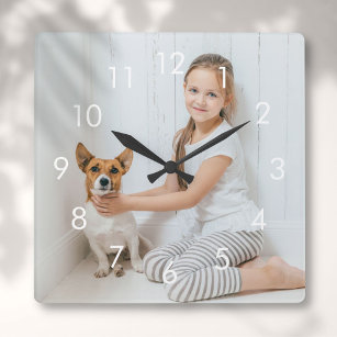 Simple White Numbers Personalized Photo Square Wall Clock