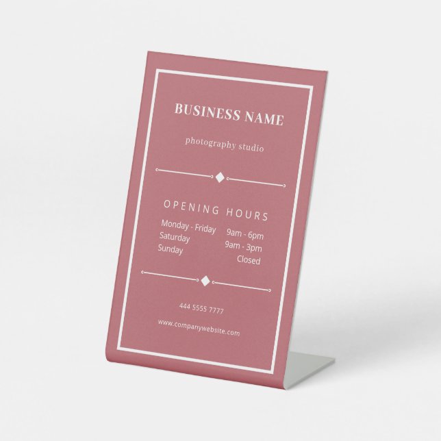 Simple White Office Opening Hours Dusty Pink Pedestal Sign (Front)