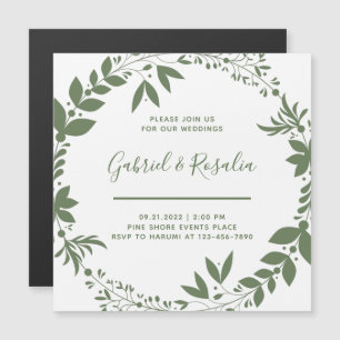 Simple White & Olive Green Wreath Elegant Wedding Magnetic Invitation