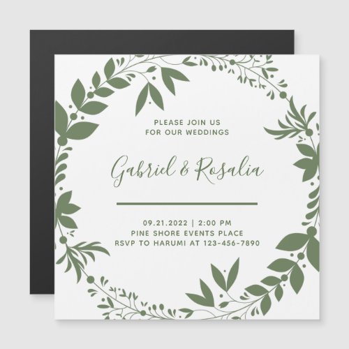 Simple White  Olive Green Wreath Elegant Wedding Magnetic Invitation