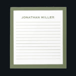 Simple White Olive Typographic Name Lined Notepad<br><div class="desc">A professional lined notepad with a minimalist design in an olive green and white color palette. Custom monogram initial and name on a simple white background,  framed by an olive border. Personalize using the fields provided or use the 'message' button to contact the designer for help.</div>