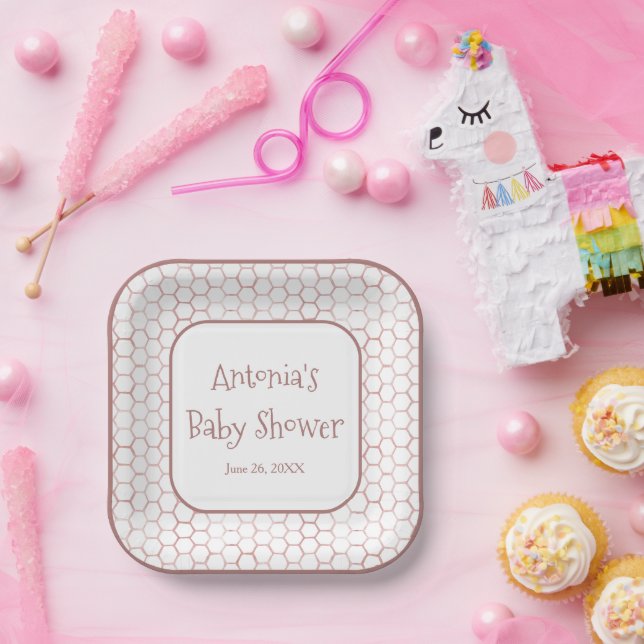 Simple White Pink Beehive Baby Shower Paper Plates (Party)