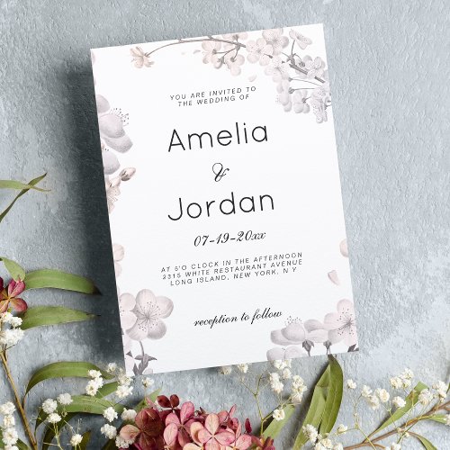 Simple white pink cherry blossom floral wedding invitation