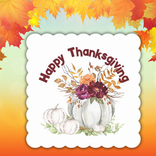 Simple White Pumpkin & Floral Thanksgiving Paper Coaster
