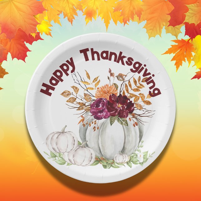 Simple White Pumpkin & Floral Thanksgiving | Paper Plates (Creator Uploaded)