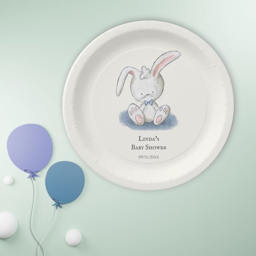 Simple White Rabbit Blue Tie Baby Shower Paper Plates