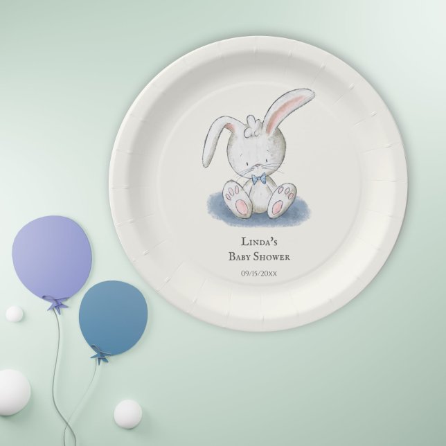 Simple White Rabbit Blue Tie Baby Shower Paper Plates (Creator Uploaded)